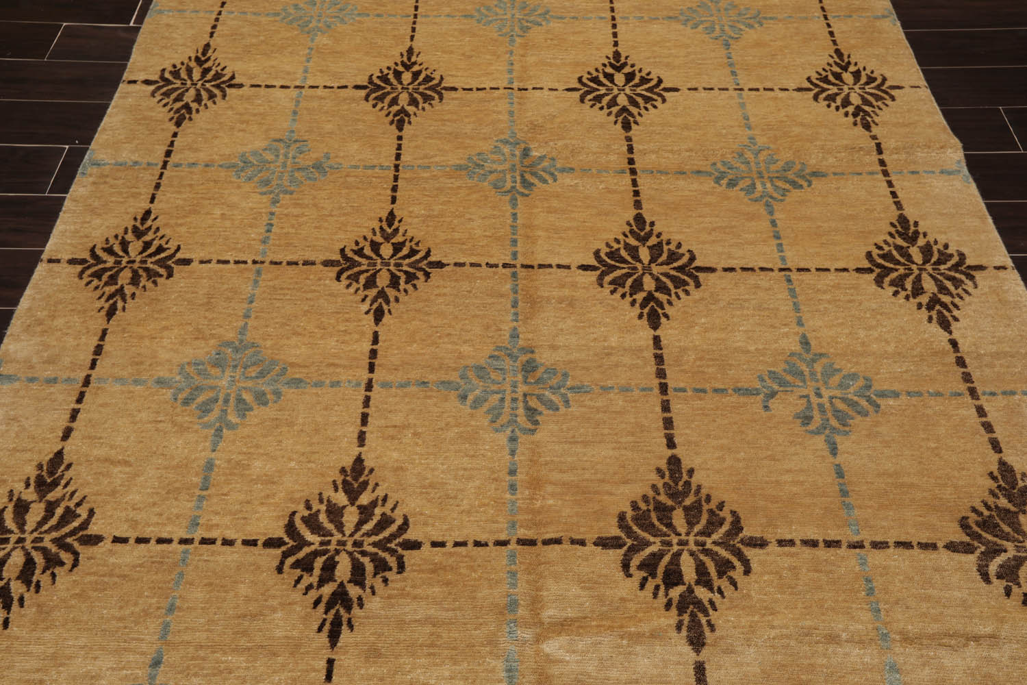6x9 Tan, Brown, Blue Color Hand Knotted All-Over 100% Wool Transitional Oriental Rug
