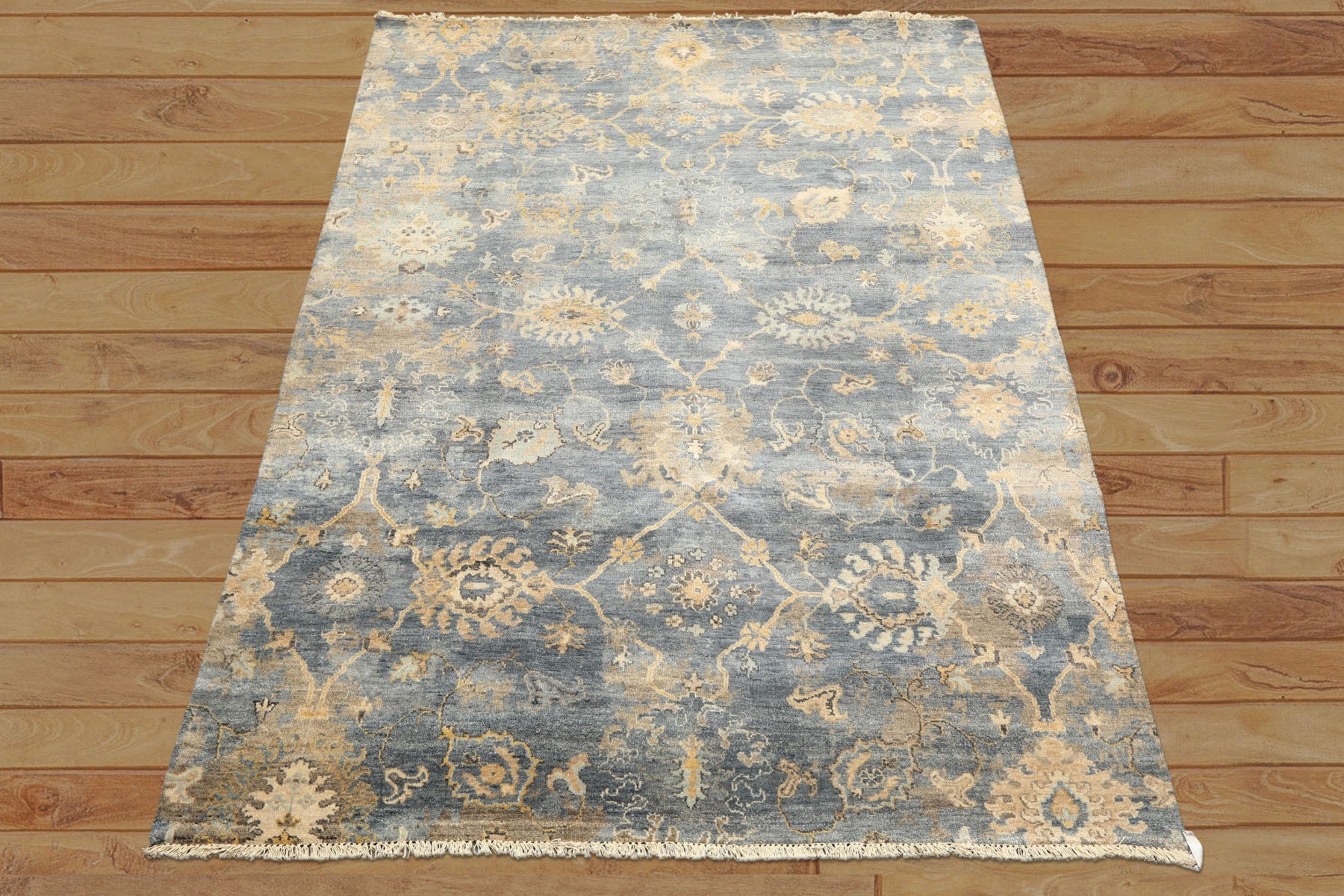 6x9 Slate, Blue, Beige Color Hand Knotted Oushak Wool Transitional Oriental Rug