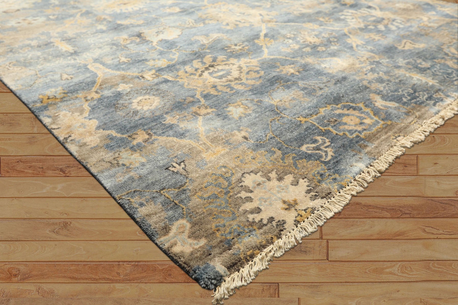 6x9 Slate, Blue, Beige Color Hand Knotted Oushak Wool Transitional Oriental Rug