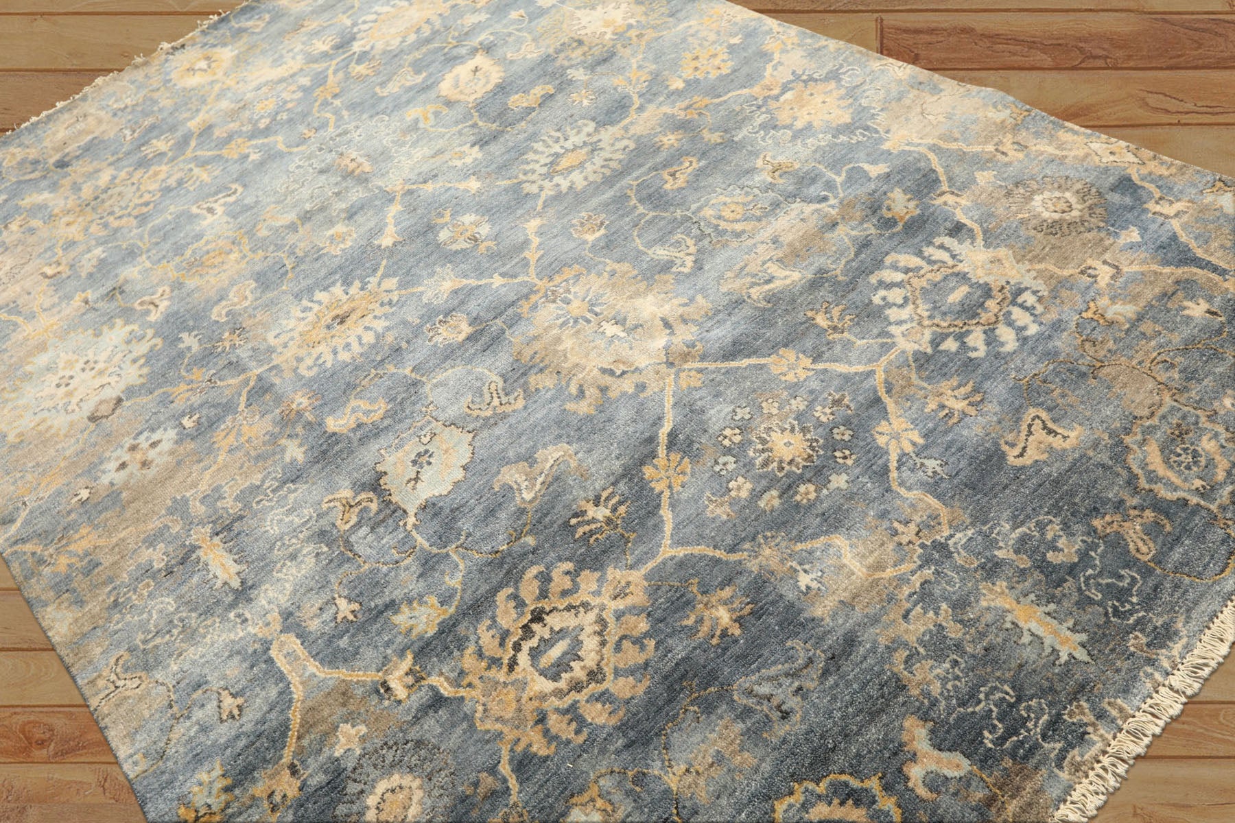 6x9 Slate, Blue, Beige Color Hand Knotted Oushak Wool Transitional Oriental Rug