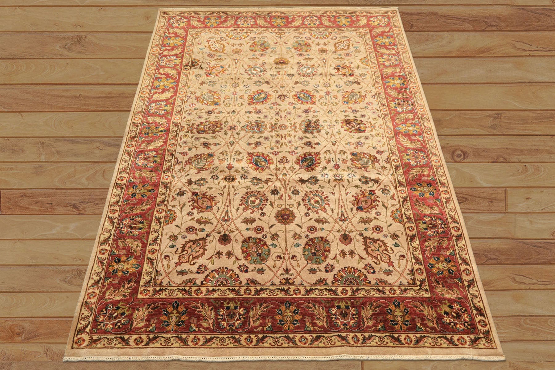 6x9 Tan, Maroon, Gold Color Hand Knotted Kashan Wool & Silk Traditional Oriental Rug