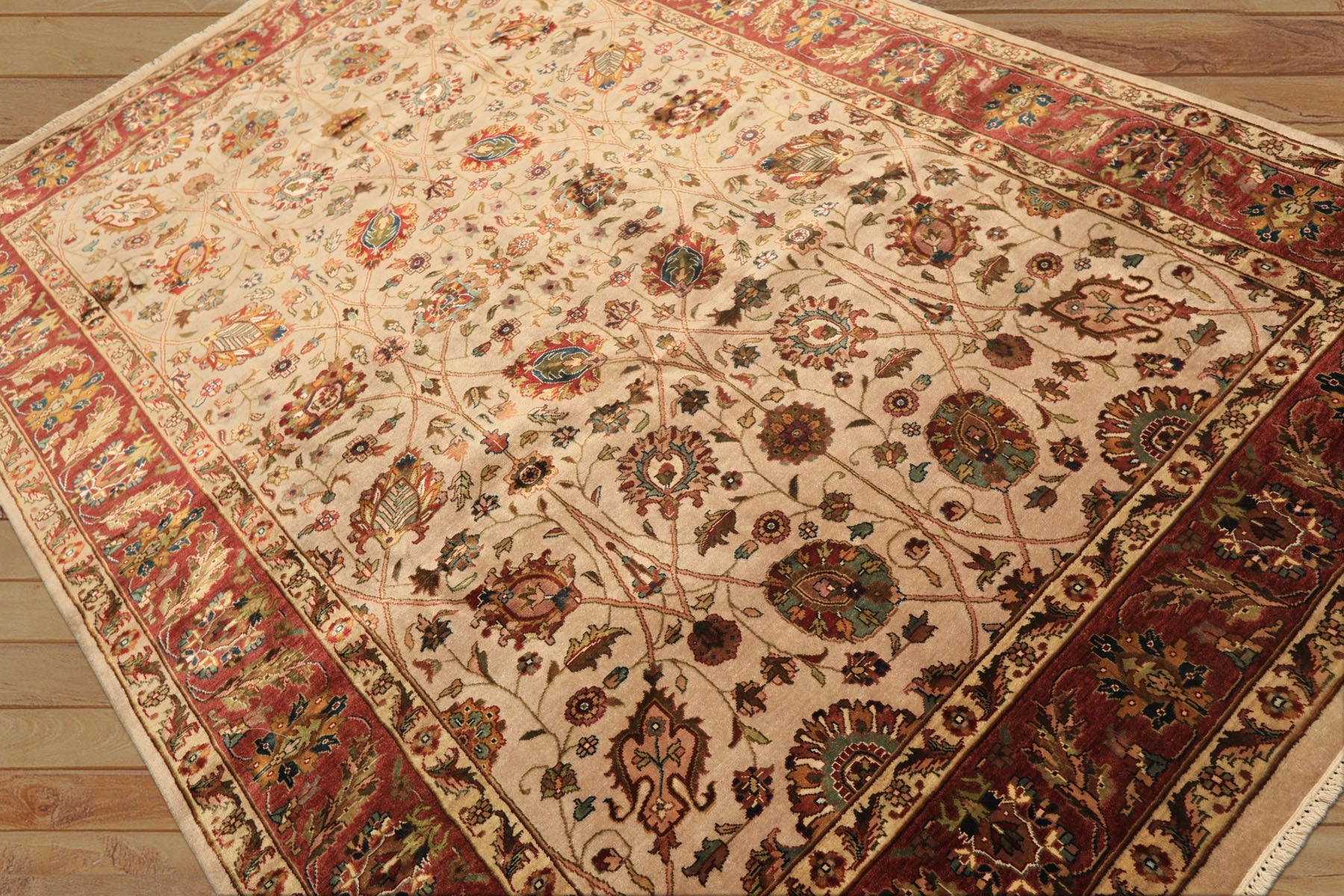 6x9 Tan, Maroon, Gold Color Hand Knotted Kashan Wool & Silk Traditional Oriental Rug