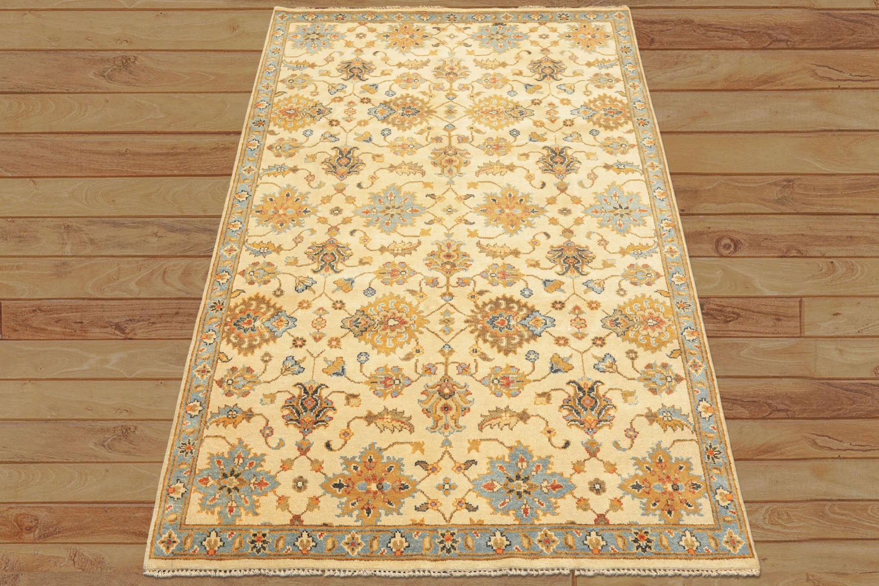 6x9 Beige, Aqua, Gold Color Hand Knotted Oushak Wool Traditional Oriental Rug