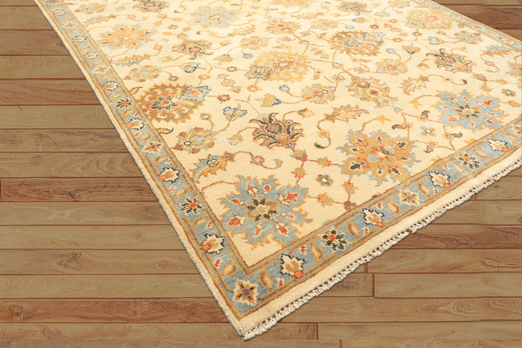 6x9 Beige, Aqua, Gold Color Hand Knotted Oushak Wool Traditional Oriental Rug