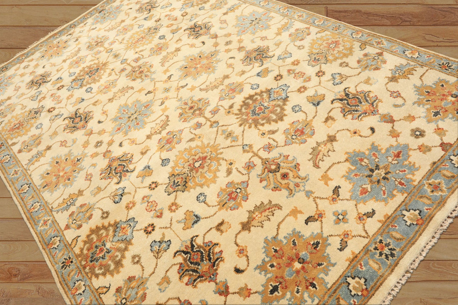 6x9 Beige, Aqua, Gold Color Hand Knotted Oushak Wool Traditional Oriental Rug