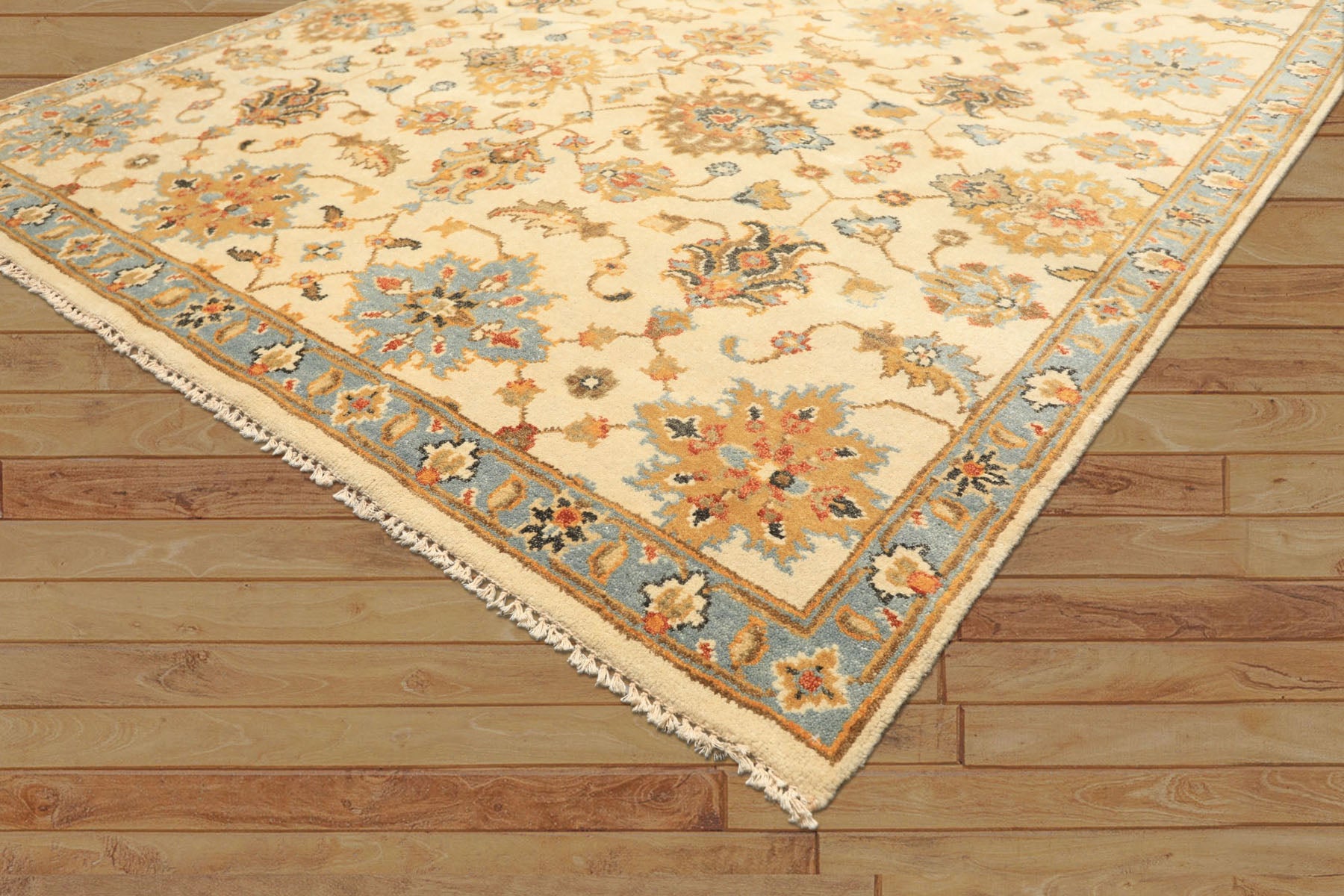 6x9 Beige, Aqua, Gold Color Hand Knotted Oushak Wool Traditional Oriental Rug