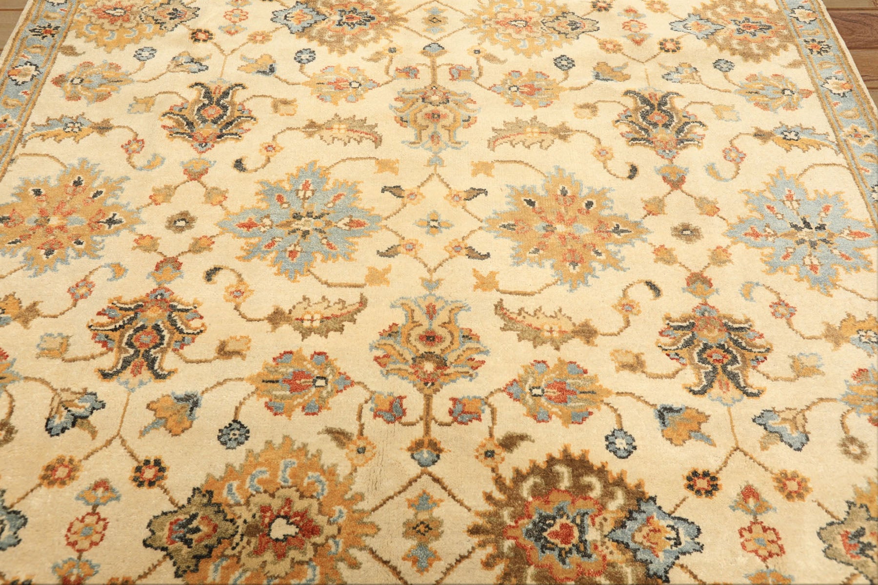 6x9 Beige, Aqua, Gold Color Hand Knotted Oushak Wool Traditional Oriental Rug