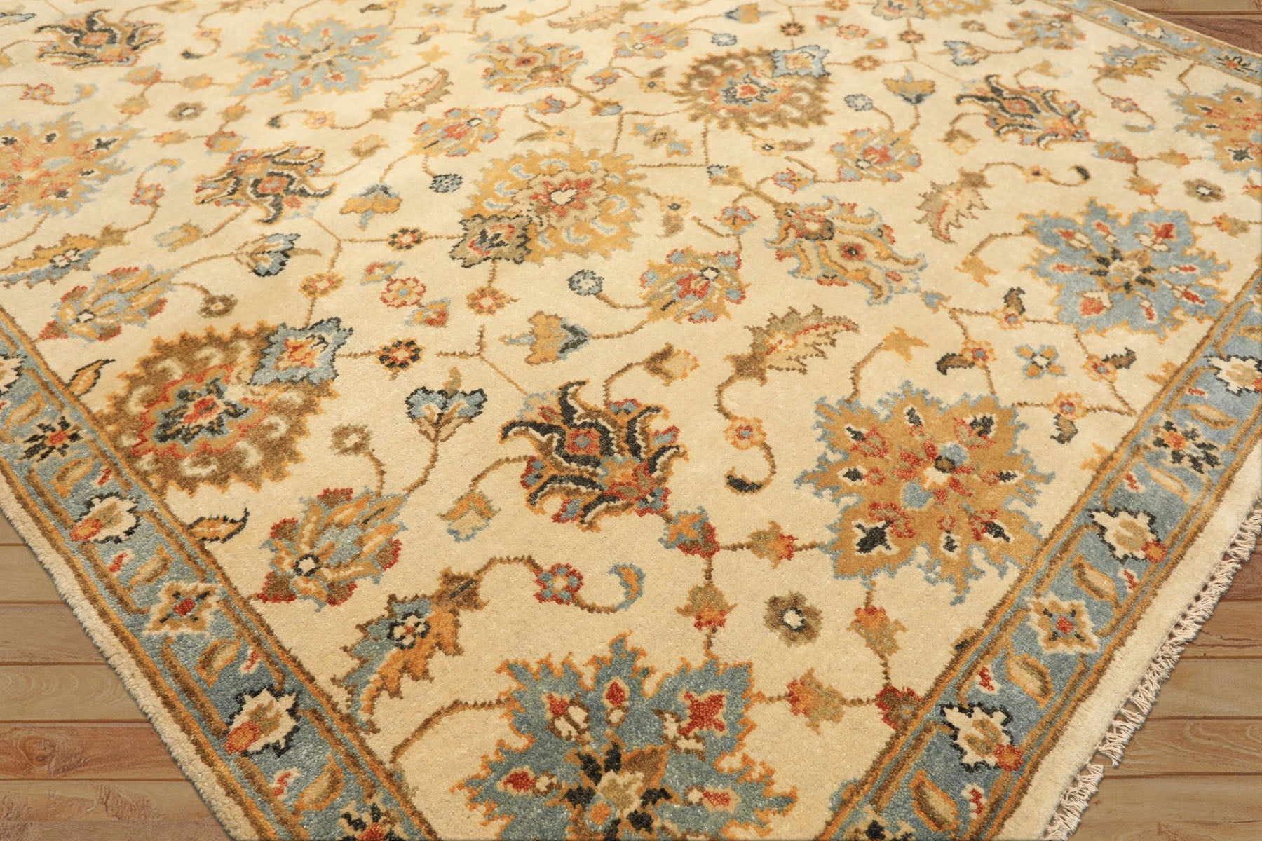 6x9 Beige, Aqua, Gold Color Hand Knotted Oushak Wool Traditional Oriental Rug