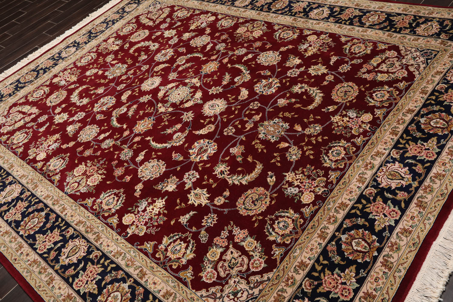 8x10 Burgundy, Navy, Beige Color Hand Knotted All-Over Wool & Silk Traditional Oriental Rug
