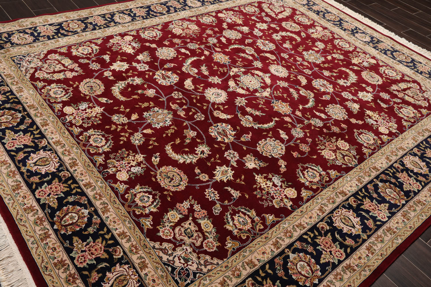 8x10 Burgundy, Navy, Beige Color Hand Knotted All-Over Wool & Silk Traditional Oriental Rug