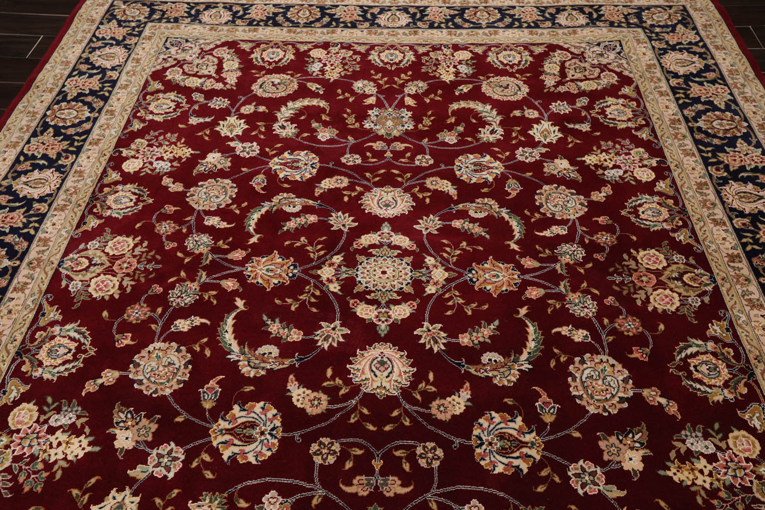 8x10 Burgundy, Navy, Beige Color Hand Knotted All-Over Wool & Silk Traditional Oriental Rug