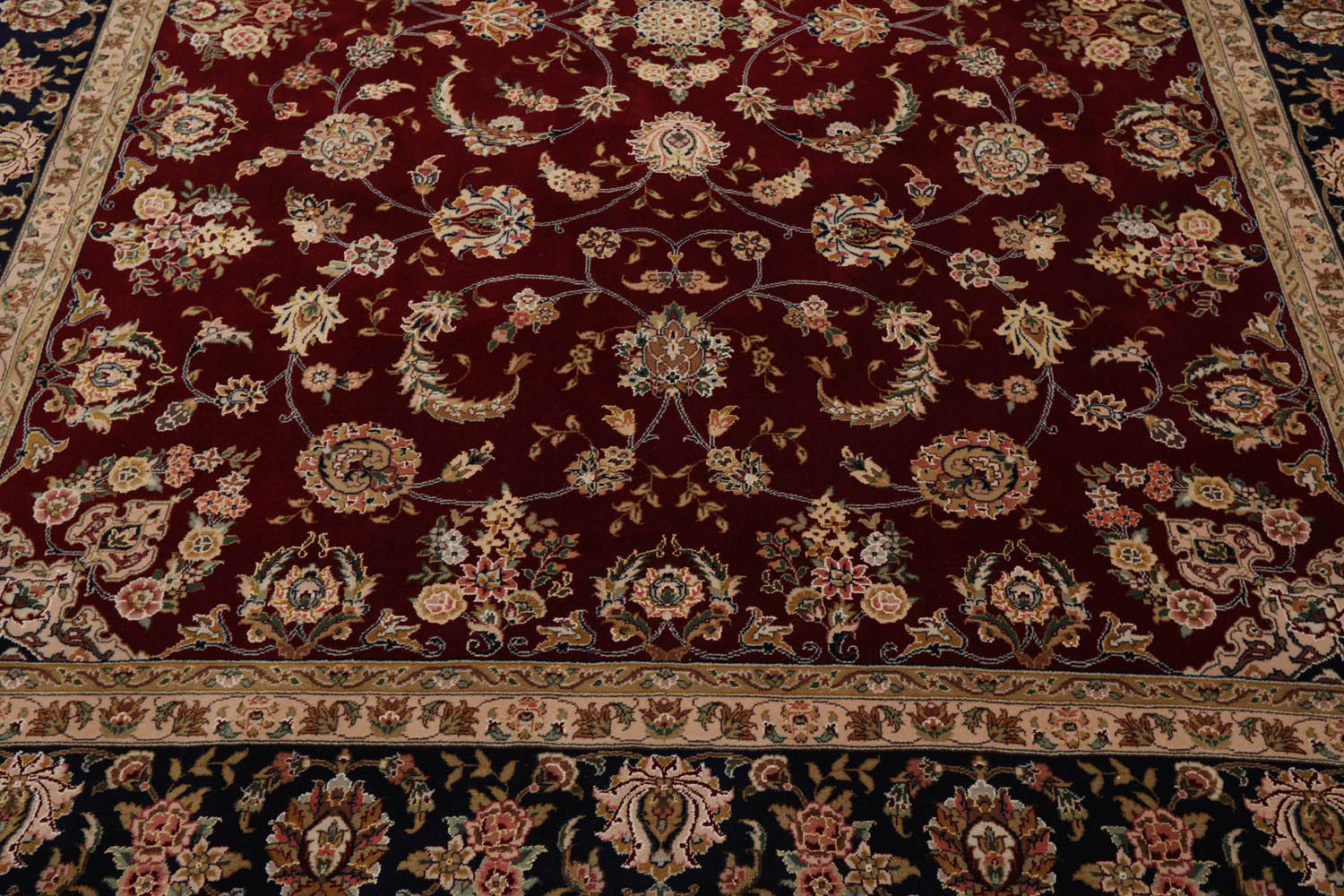 8x10 Burgundy, Navy, Beige Color Hand Knotted All-Over Wool & Silk Traditional Oriental Rug
