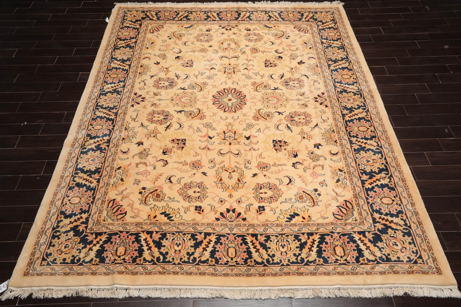 9x12 Tan, Midnight Blue, Blush Color Hand Knotted All-Over 100% Wool Traditional Oriental Rug