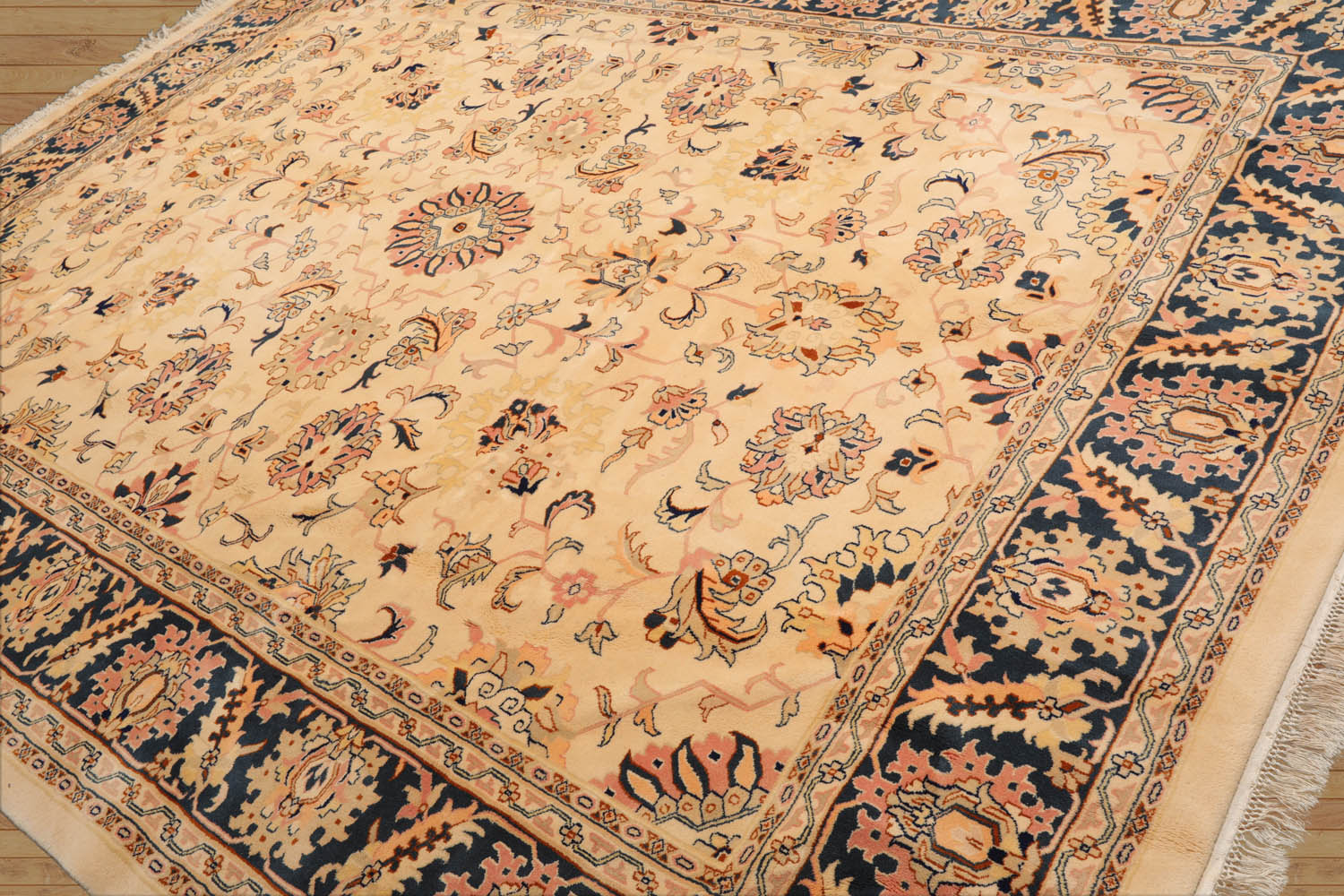 9x12 Tan, Midnight Blue, Blush Color Hand Knotted All-Over 100% Wool Traditional Oriental Rug