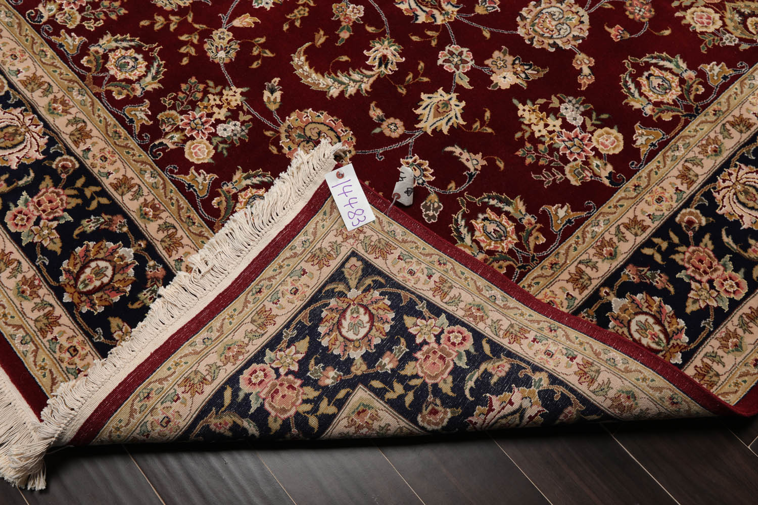 8x10 Burgundy, Navy, Beige Color Hand Knotted All-Over Wool & Silk Traditional Oriental Rug