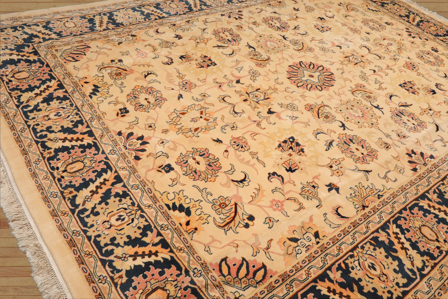 9x12 Tan, Midnight Blue, Blush Color Hand Knotted All-Over 100% Wool Traditional Oriental Rug