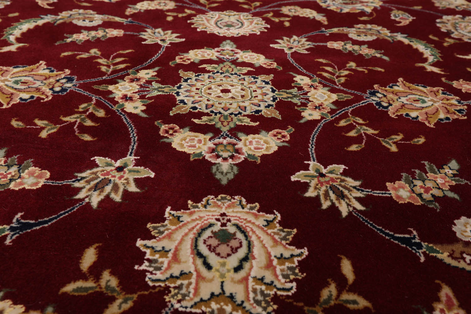 8x10 Burgundy, Navy, Beige Color Hand Knotted All-Over Wool & Silk Traditional Oriental Rug
