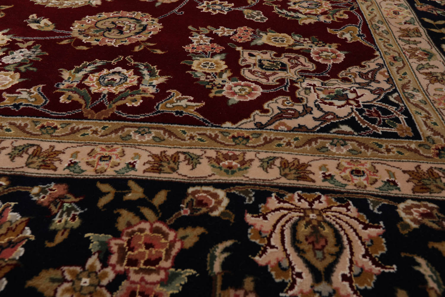 8x10 Burgundy, Navy, Beige Color Hand Knotted All-Over Wool & Silk Traditional Oriental Rug