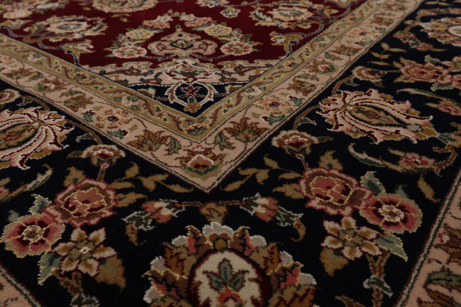 8x10 Burgundy, Navy, Beige Color Hand Knotted All-Over Wool & Silk Traditional Oriental Rug