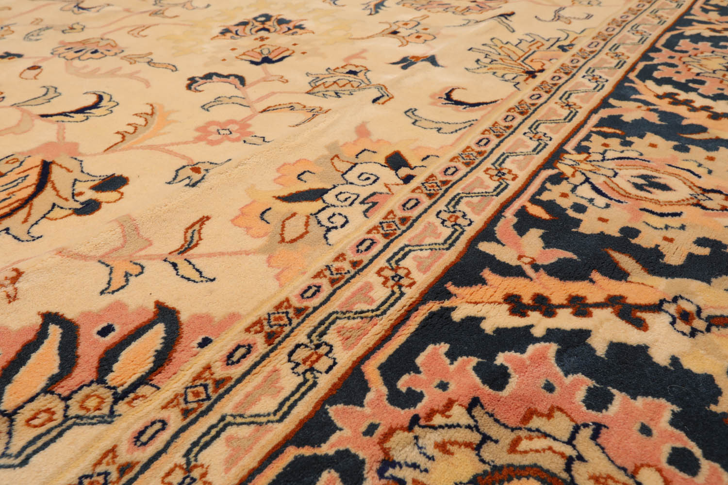 9x12 Tan, Midnight Blue, Blush Color Hand Knotted All-Over 100% Wool Traditional Oriental Rug