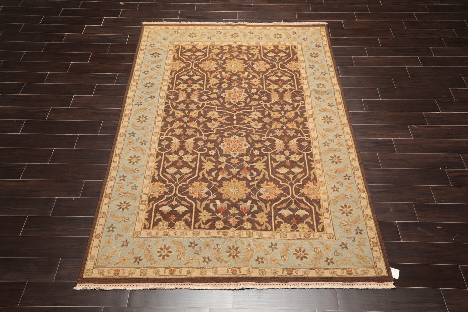 6x9 Brown, Aqua, Beige Color Hand Knotted All-Over 100% Wool Traditional Oriental Rug