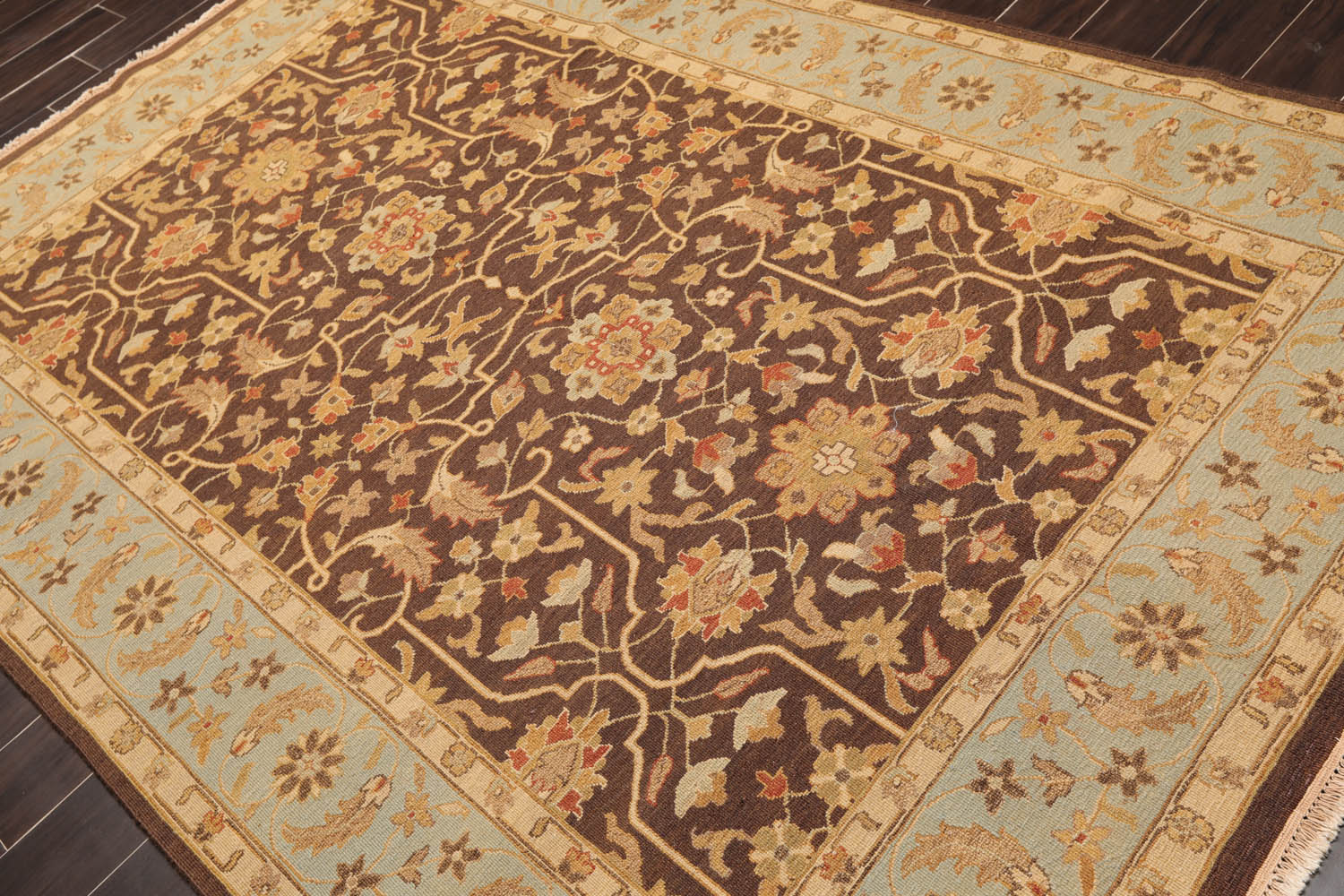 6x9 Brown, Aqua, Beige Color Hand Knotted All-Over 100% Wool Traditional Oriental Rug