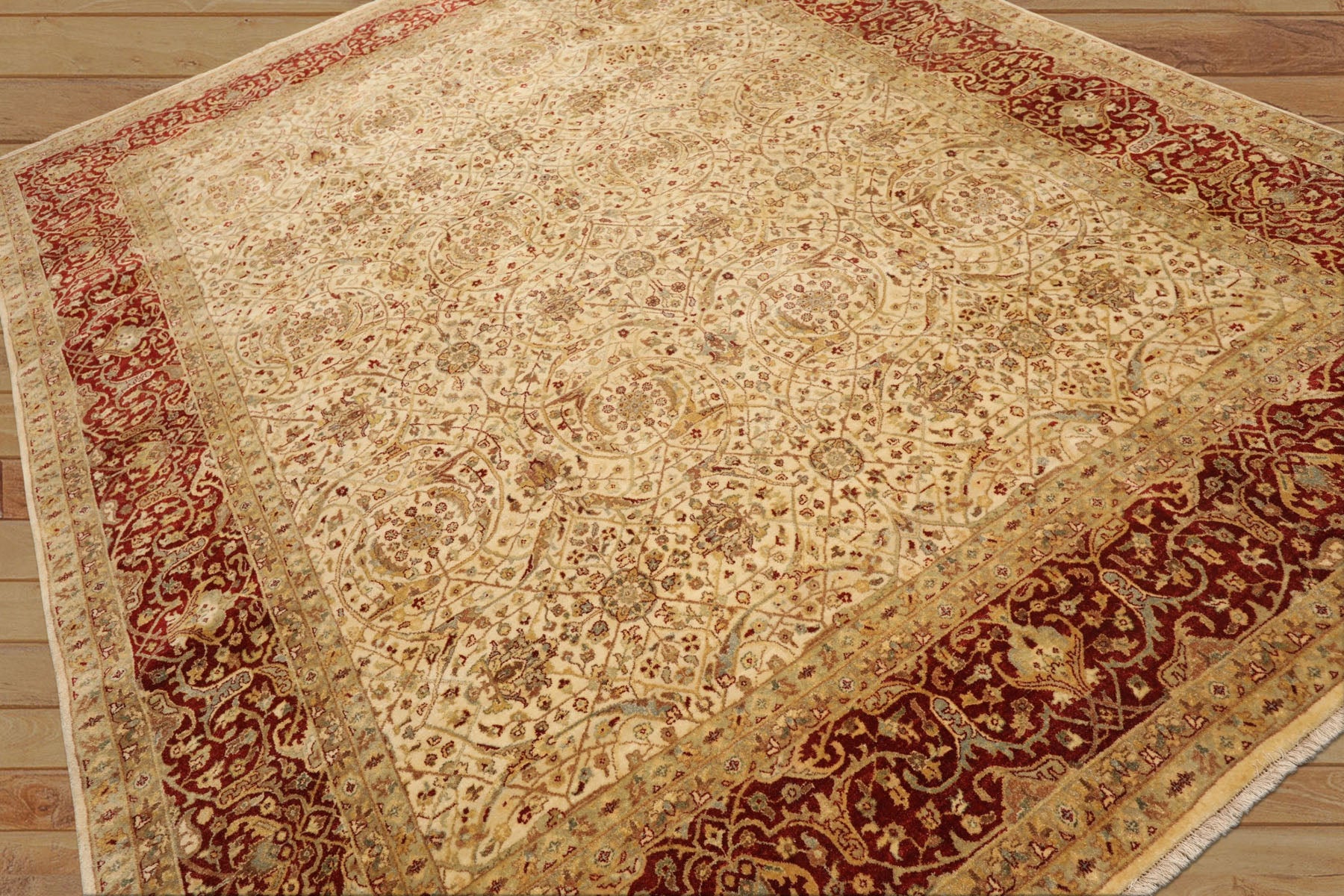 8x10 Beige, Burnt Orange, Mint Color Hand Knotted Agra Wool Traditional Oriental Rug