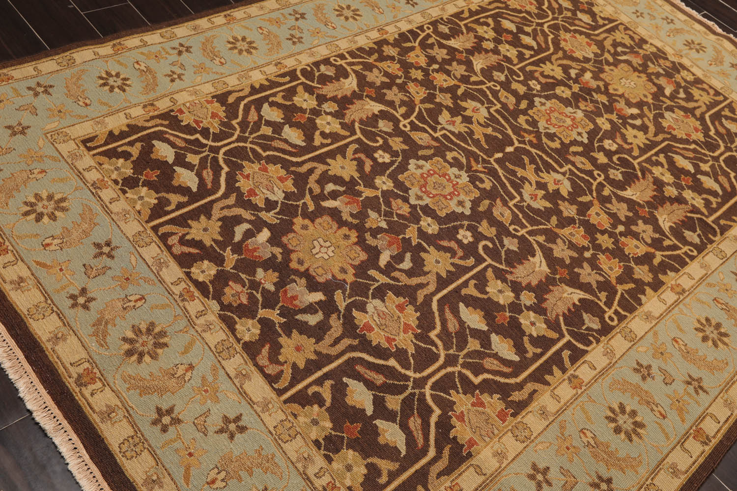 6x9 Brown, Aqua, Beige Color Hand Knotted All-Over 100% Wool Traditional Oriental Rug