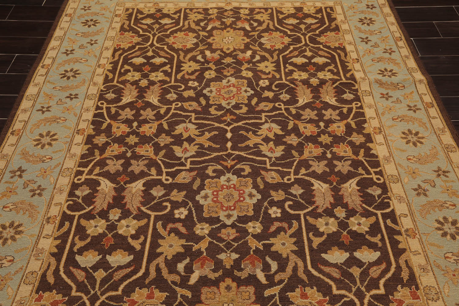 6x9 Brown, Aqua, Beige Color Hand Knotted All-Over 100% Wool Traditional Oriental Rug