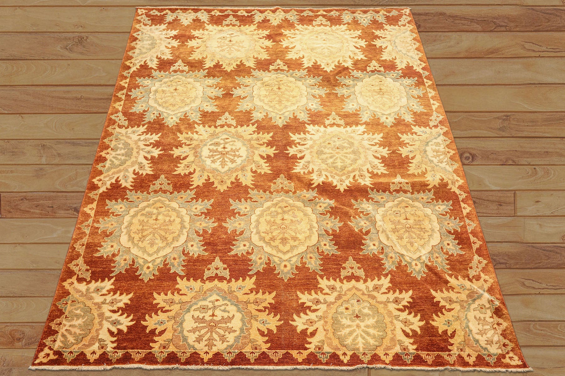 8x10 Caramel, Beige, Celadon Color Hand Knotted Oushak Wool Transitional Oriental Rug