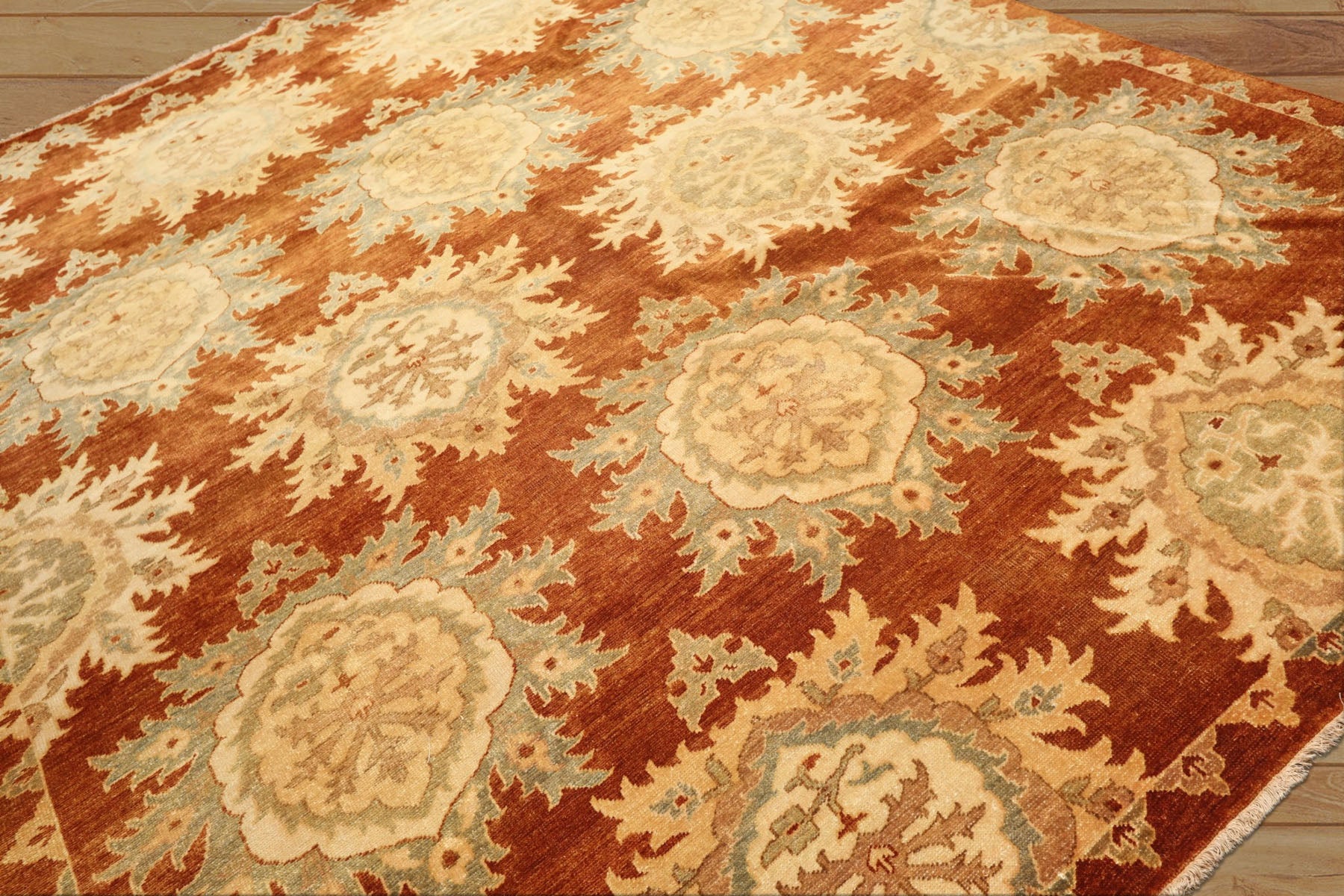8x10 Caramel, Beige, Celadon Color Hand Knotted Oushak Wool Transitional Oriental Rug