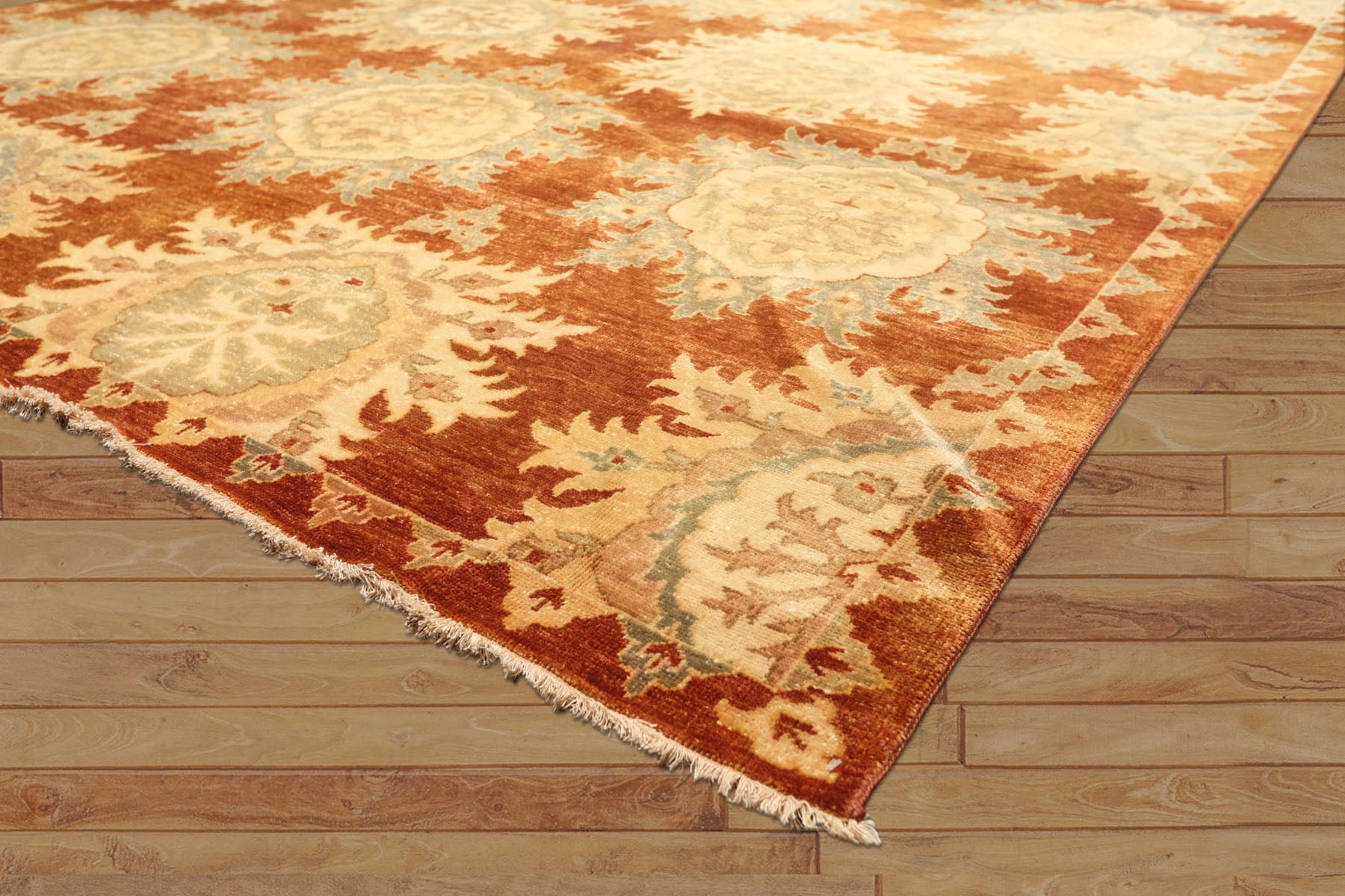 8x10 Caramel, Beige, Celadon Color Hand Knotted Oushak Wool Transitional Oriental Rug