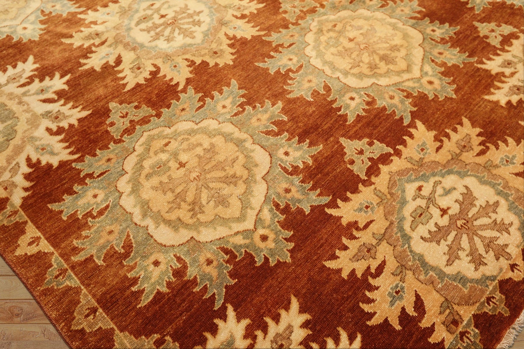 8x10 Caramel, Beige, Celadon Color Hand Knotted Oushak Wool Transitional Oriental Rug