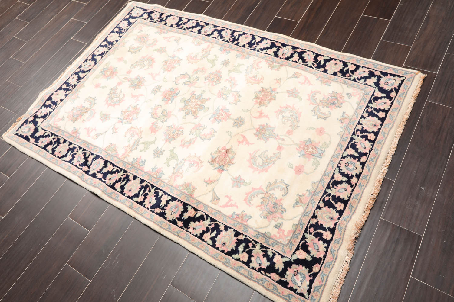 4x6 Cream, Midnight Blue, Rose Color Hand Knotted Floral 100% Wool Traditional-Persian/Oriental Oriental Rug
