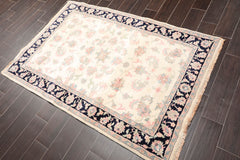 4x6 Cream, Midnight Blue, Rose Color Hand Knotted Floral 100% Wool Traditional-Persian/Oriental Oriental Rug