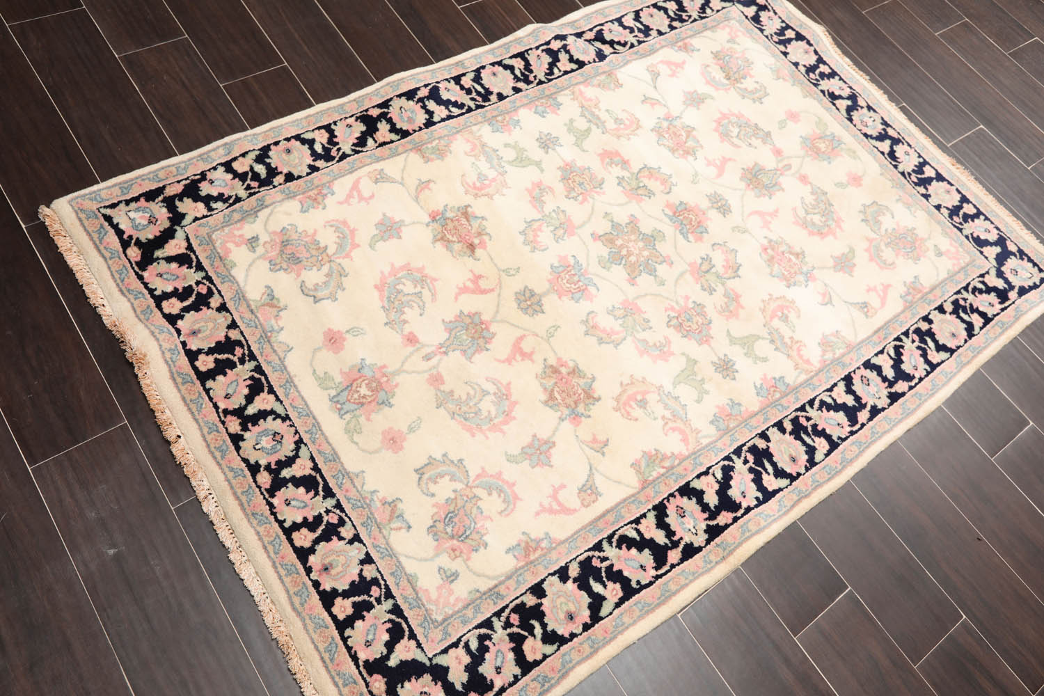 4x6 Cream, Midnight Blue, Rose Color Hand Knotted Floral 100% Wool Traditional-Persian/Oriental Oriental Rug
