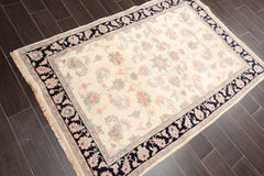 4x6 Cream, Midnight Blue, Rose Color Hand Knotted Floral 100% Wool Traditional-Persian/Oriental Oriental Rug