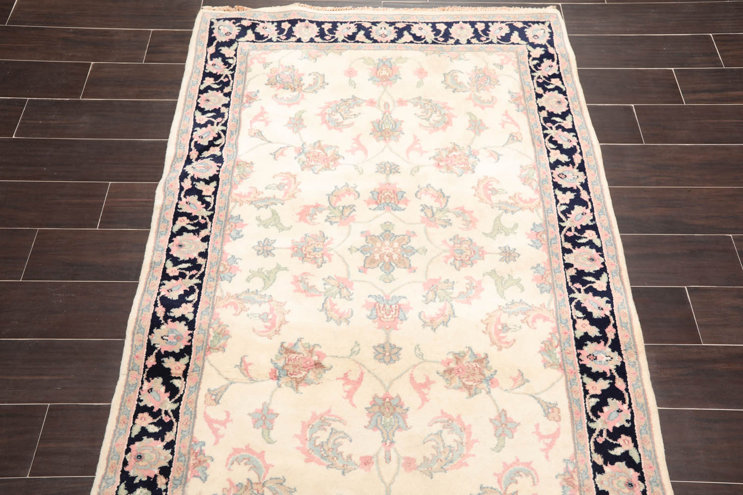 4x6 Cream, Midnight Blue, Rose Color Hand Knotted Floral 100% Wool Traditional-Persian/Oriental Oriental Rug