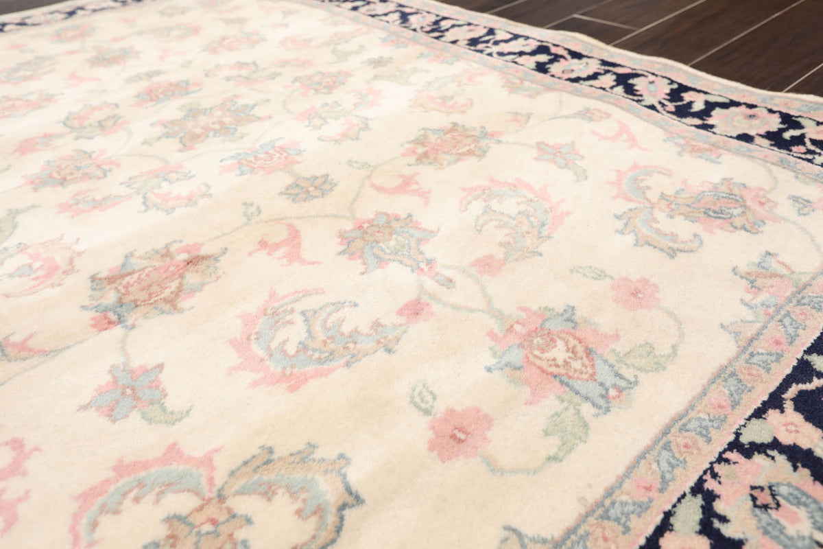 4x6 Cream, Midnight Blue, Rose Color Hand Knotted Floral 100% Wool Traditional-Persian/Oriental Oriental Rug