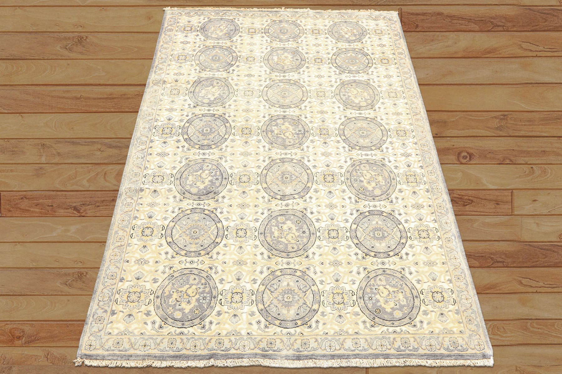 6x9 Ivory, Slate, Blue Color Hand Knotted Oushak Wool Transitional Oriental Rug