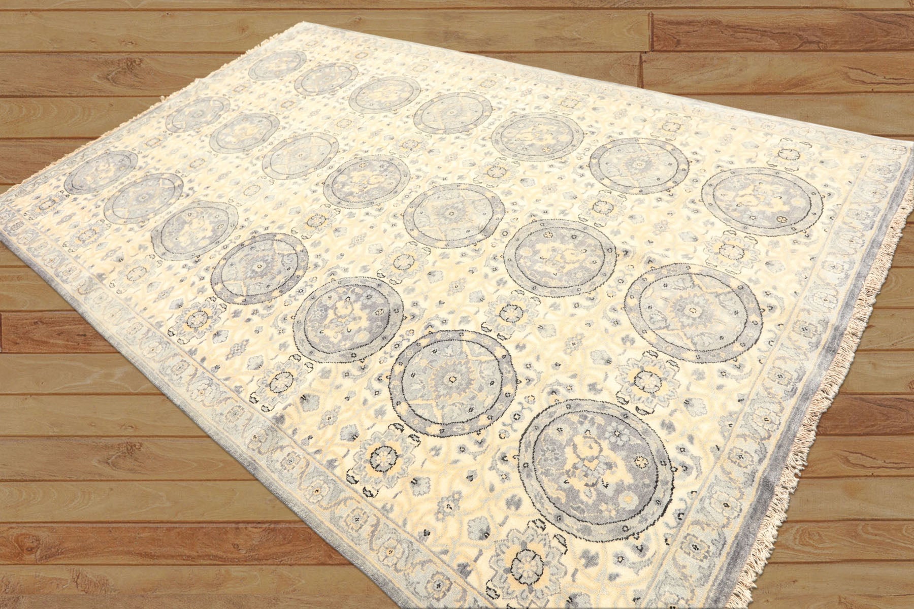 6x9 Ivory, Slate, Blue Color Hand Knotted Oushak Wool Transitional Oriental Rug