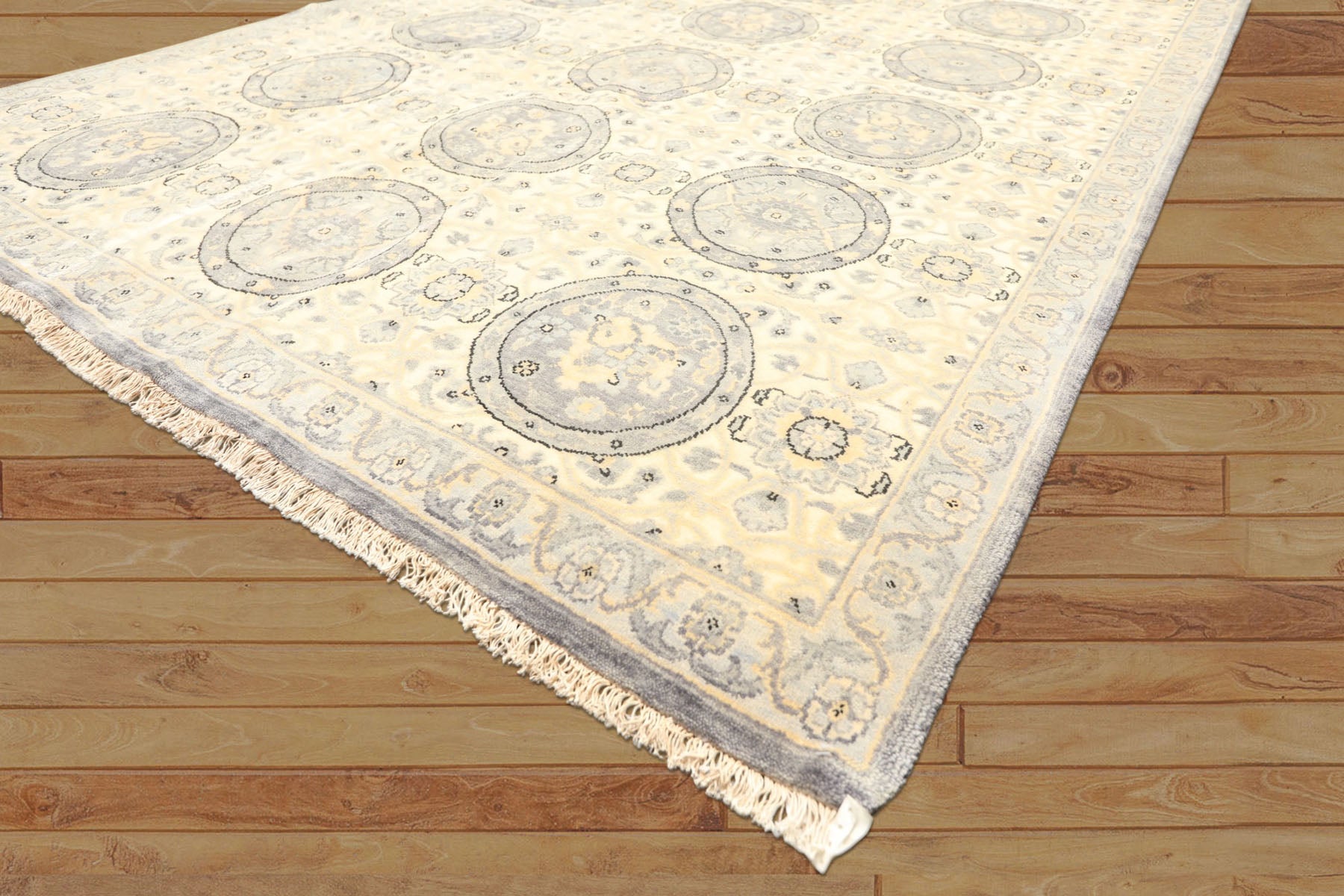 6x9 Ivory, Slate, Blue Color Hand Knotted Oushak Wool Transitional Oriental Rug