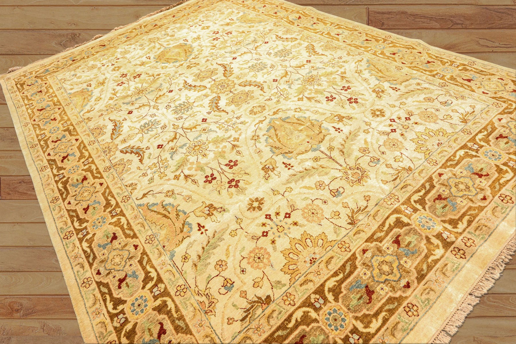 9x12 Warm Beige, Gold, Turquoise Color Hand Knotted Agra Wool Traditional Oriental Rug