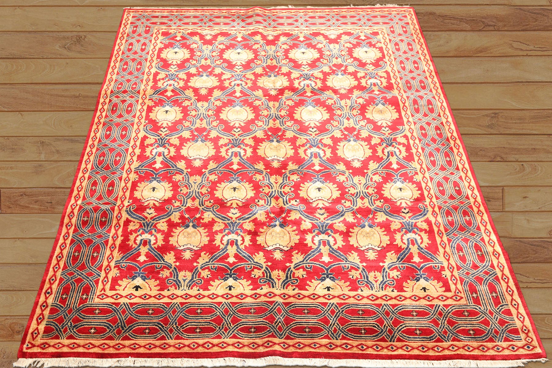 8x10 Red, Navy, Gold Color Hand Knotted Agra Wool Traditional Oriental Rug
