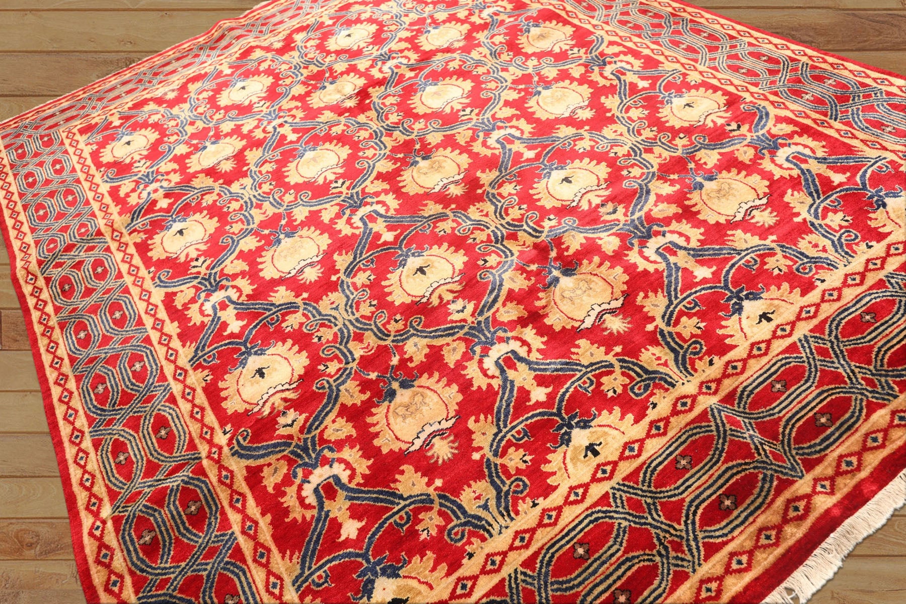8x10 Red, Navy, Gold Color Hand Knotted Agra Wool Traditional Oriental Rug
