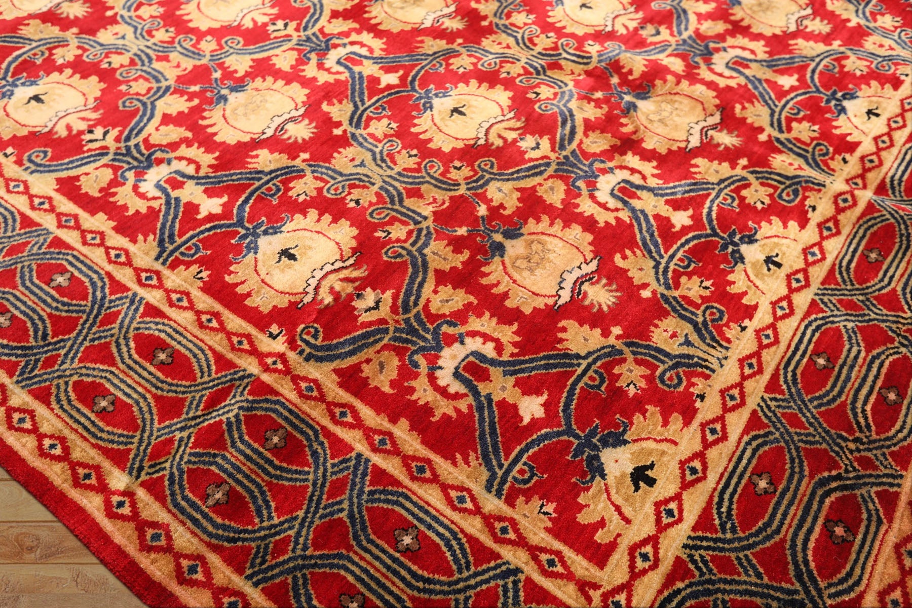 8x10 Red, Navy, Gold Color Hand Knotted Agra Wool Traditional Oriental Rug