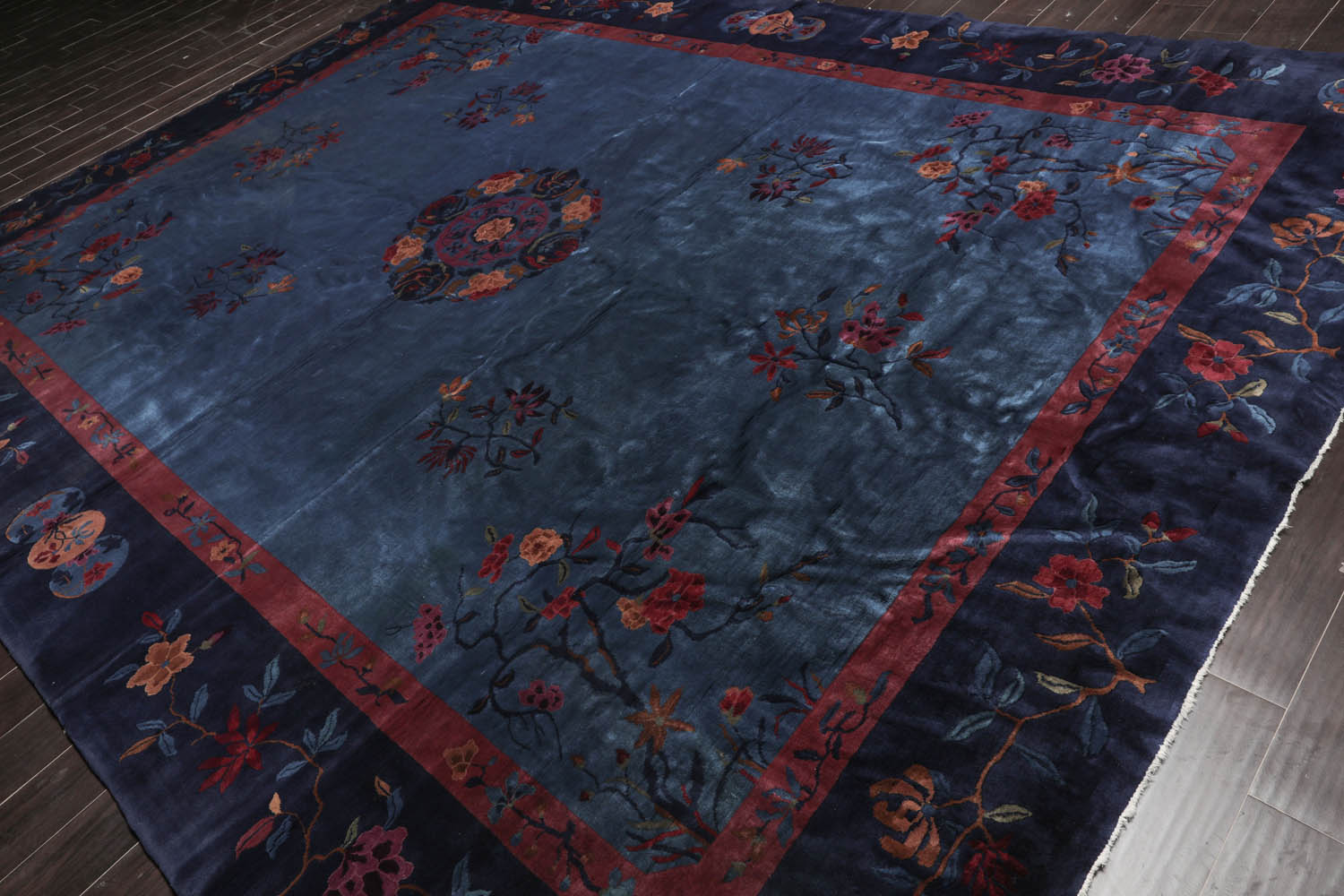10x14 Navy, Plum, Peach Color Hand Knotted All-Over 100% Wool Traditional Oriental Rug