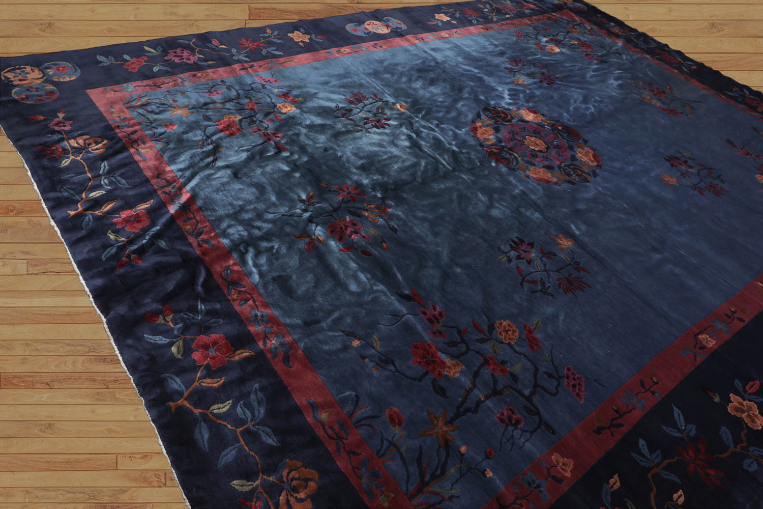 10x14 Navy, Plum, Peach Color Hand Knotted All-Over 100% Wool Traditional Oriental Rug