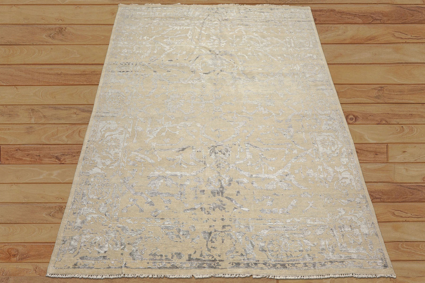 8x10 Beige, Gray, Color Hand Knotted Oushak Wool & Bamboo Silk Modern & Contemporary Oriental Rug