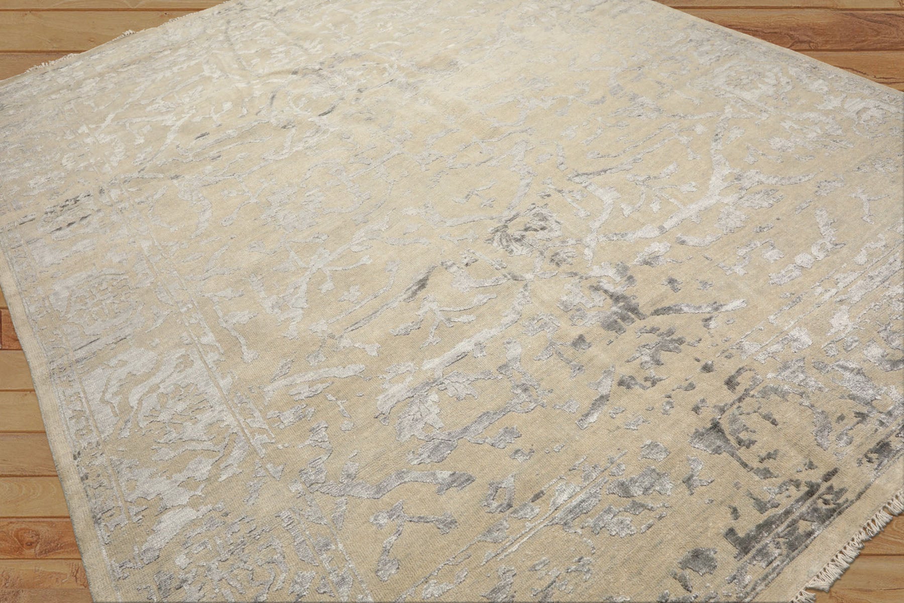 8x10 Beige, Gray, Color Hand Knotted Oushak Wool & Bamboo Silk Modern & Contemporary Oriental Rug